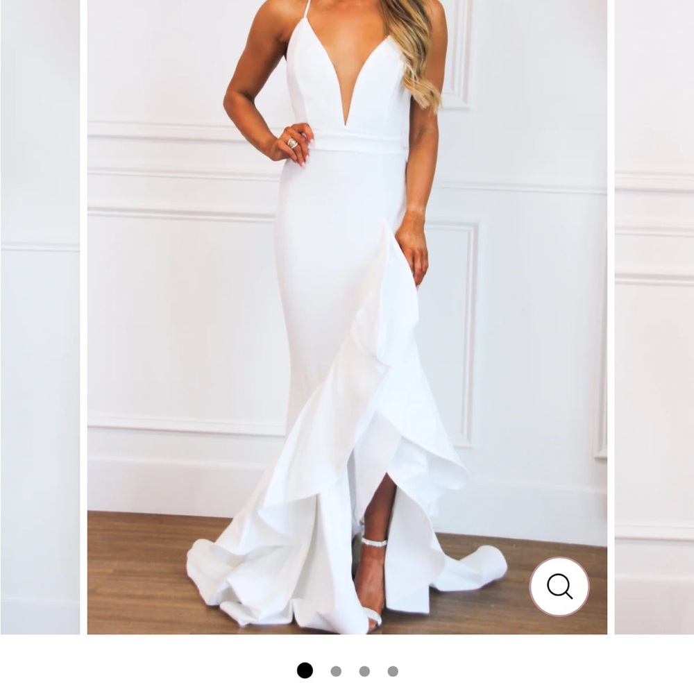 White Asymmetrical Sleeveless Gown with Plunge Neckline